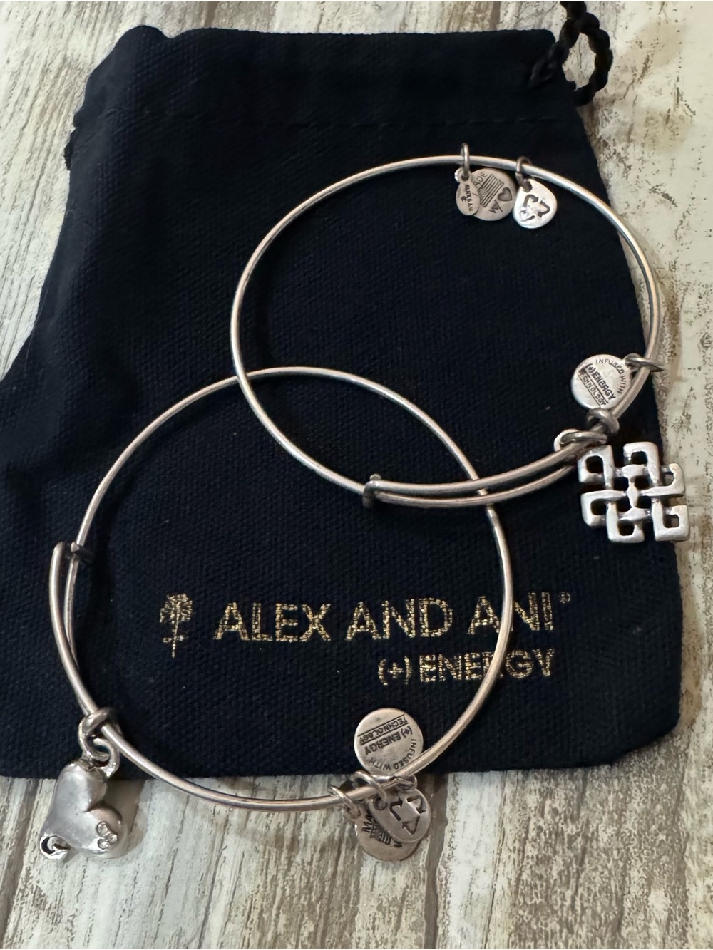 Alex and Ani Silver-Tone Charm Bracelet Set of 2 – Endless Knot & Heart
